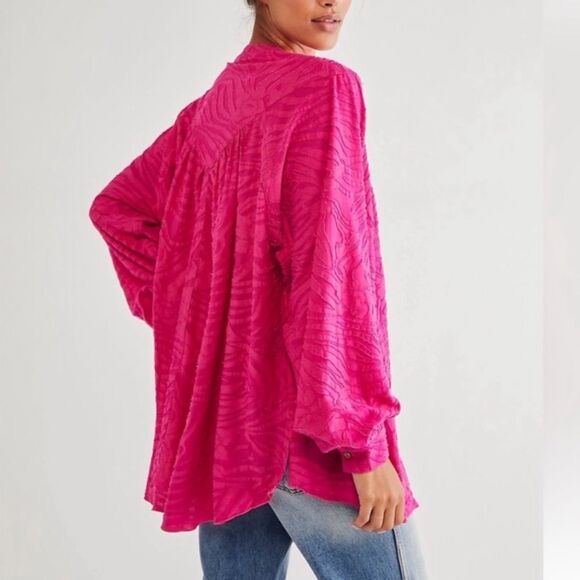 Free People Bright Pink Can't Stop Dreaming Tunic button up blouse oversized S - Picture 3 of 14